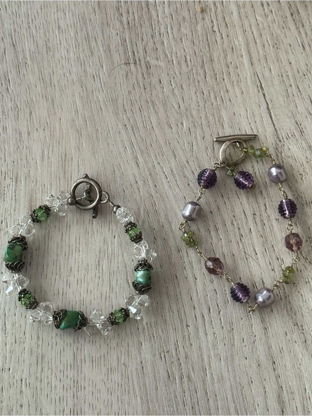 Source‎ Unknown Green and Purple Beaded Bracelet Set with Crystal Accents